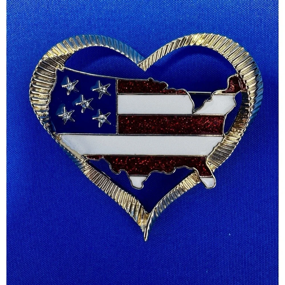 Anne Klein American USA Star Heart Brooch Pins Red White Blue Lot of 2
